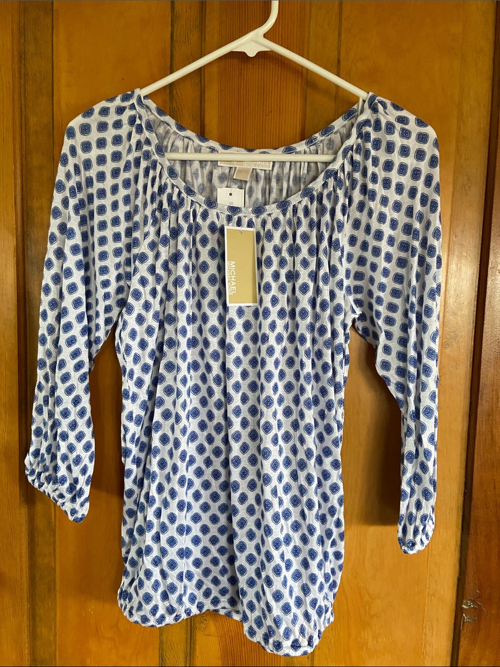 Michael Kors White and Blue Printed Peasant Top